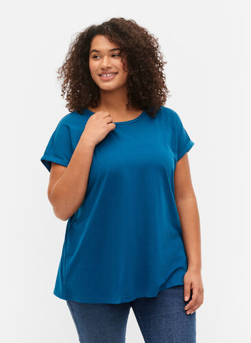 Zizzi T-shirt met korte mouwen van katoenmix, Petrol Blue, Model image number 0