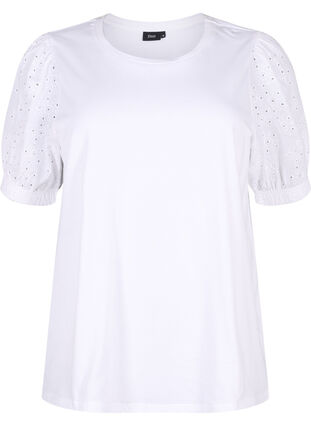 Zizzi Biologisch katoenen blouse met broderie anglaise mouwen, Bright White, Packshot image number 0