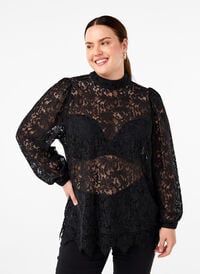 Kanten blouse met strikdetail, Black, Model