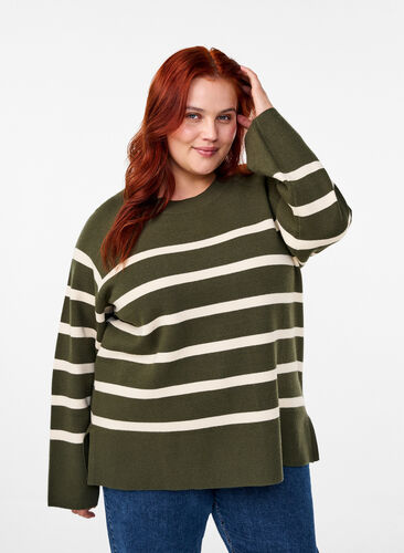 Zizzi Gestreepte gebreide blouse met ronde hals, D. Bag Birch Stripe, Model image number 0