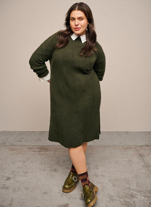 Zizzi Ribbed Knit Dress met col, Forest Night Mel., Image image number 0