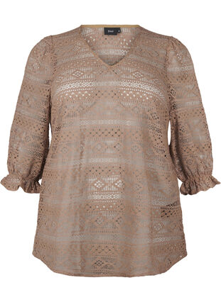 Zizzi Blouse met gatenpatroon en 3/4 mouwen, Fossil , Packshot image number 0