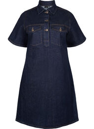 Denimjurk met korte mouwen en borstzakken, Dark Blue Denim