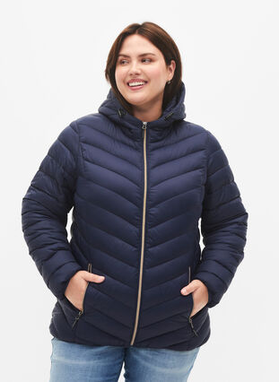 Zizzi Lichtgewicht jas met capuchon, Navy Blazer, Model image number 0