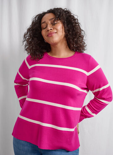 Zizzi Gebreide viscose blouse met strepen, Fuchsia Red Comb, Image image number 0