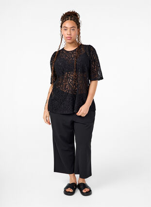 Zizzi Kanten blouse met korte mouwen, Black, Model image number 2