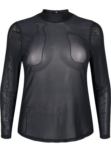 Zizzi Getailleerde blouse van mesh met lange mouwen, Black, Packshot image number 0