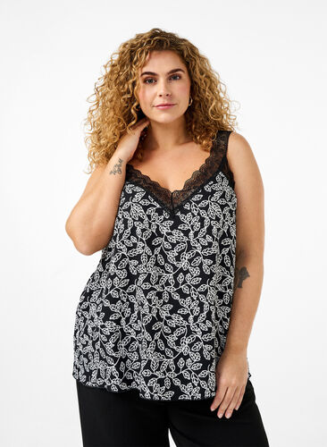 Zizzi Kanten topje van viscose, Black w. Wh.Leaf AOP, Model image number 0