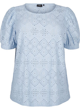 Zizzi Blouse met korte mouwen en patroon met kant, Cashmere Blue, Packshot image number 0