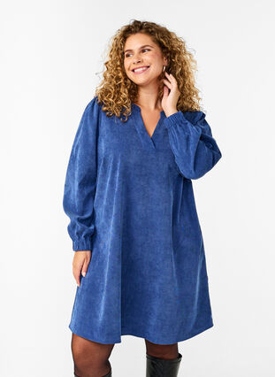 Zizzi Korte fluwelen jurk met lange mouwen, Sodalite Blue, Model image number 0