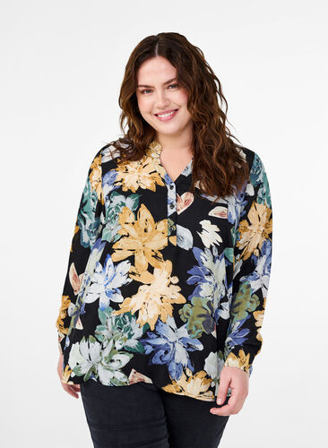 Zizzi Blouse met lange mouwen en bloemenprint, Yellow Flower AOP, Model image number 0