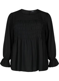 Gesmokte blouse met lange mouwen, Black