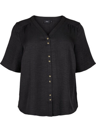 Zizzi Overhemd blouse met V-hals en korte mouwen, Black, Packshot image number 0