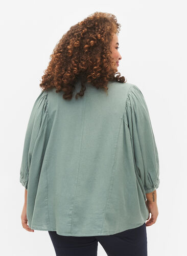 Zizzi Viscose-Linen Mix Shirt Blouse met 3/4 Mouwen, Chinois Green, Model image number 1