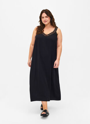 Zizzi Halflange jurk met bandjes van viscose met kant, Black, Model image number 0