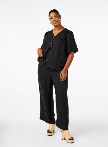 Zizzi Losse broek met elastische tailleband en zakken, Black, Model image number 0