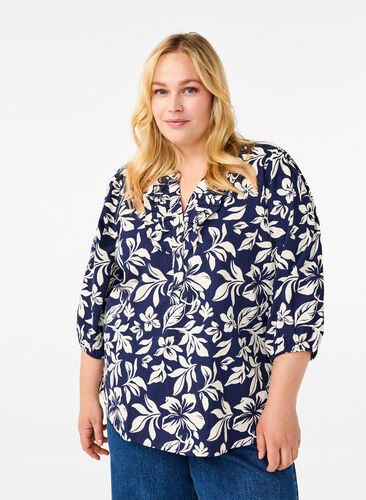 Zizzi Katoenen blouse met 3/4 mouwen en print, Naval Academy Flower, Model image number 0