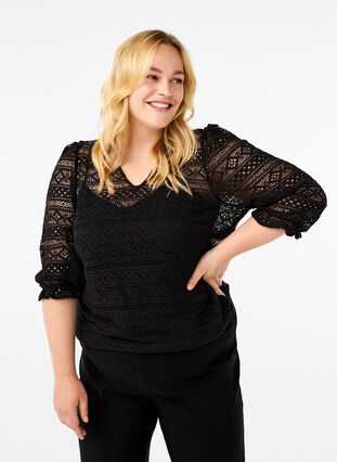 Zizzi Blouse met gatenpatroon en 3/4 mouwen, Black, Model image number 0