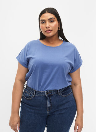 Zizzi T-shirt met korte mouwen van katoenmix, Moonlight Blue, Model image number 0