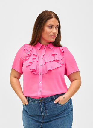Zizzi Overhemdblouse met korte mouwen en ruches, Pink Power, Model image number 0