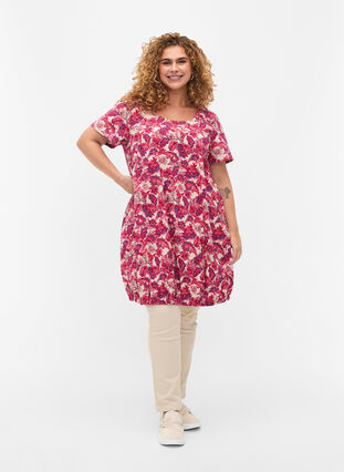 Zizzi Bedrukte katoenen jurk met korte mouw, Raspberry Sorbet, Model image number 2