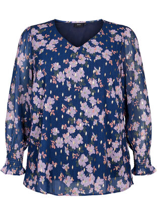 Zizzi Bloemenblouse met lange mouwen en v-hals, Blue Small Fl. AOP, Packshot image number 0