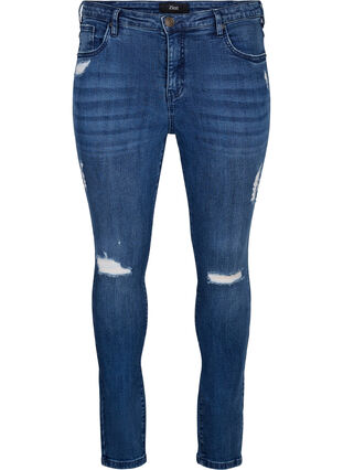 Zizzi Superslanke Amy jeans met slijtagedetails, Blue Denim, Packshot image number 0