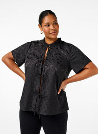 Jacquard blouse met korte mouwen en strikjes, Black, Model