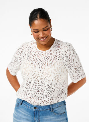 Zizzi Kanten blouse met korte mouwen, Bright White, Model image number 0