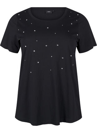 Zizzi Katoenen T-shirt met strassteentjes, Black, Packshot image number 0