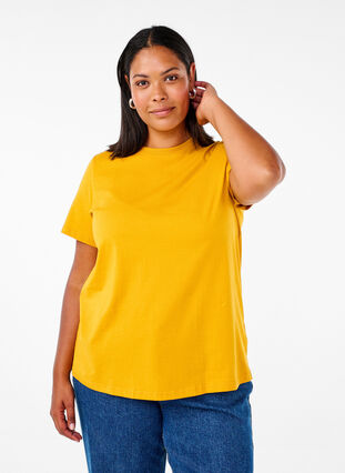 Zizzi Basic katoenen T-shirt met ronde hals, Golden Yellow, Model image number 0