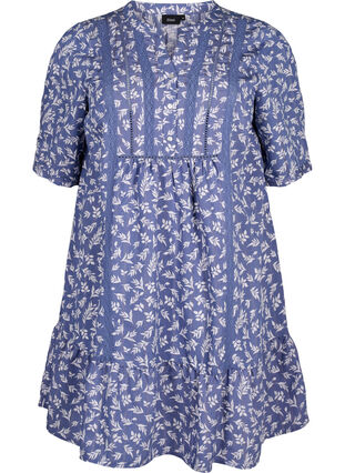 Zizzi Korte viscose jurk met kanten rand en A-lijn snit, M. Blue Flower AOP, Packshot image number 0