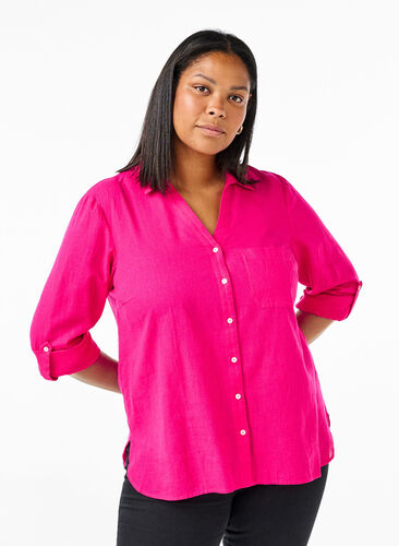 Zizzi Overhemdblouse met knoopsluiting van katoen-linnenmix, Bright Rose, Model image number 0