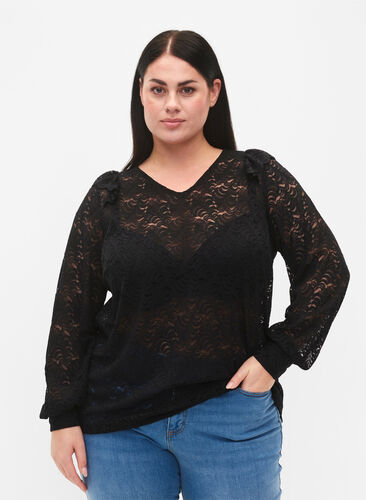 Zizzi Kanten blouse met lange mouw, Black, Model image number 0