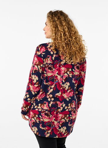 Zizzi Gebloemde blouse met lange mouwen, Ev. Blue Rose Fl.AOP, Model image number 1