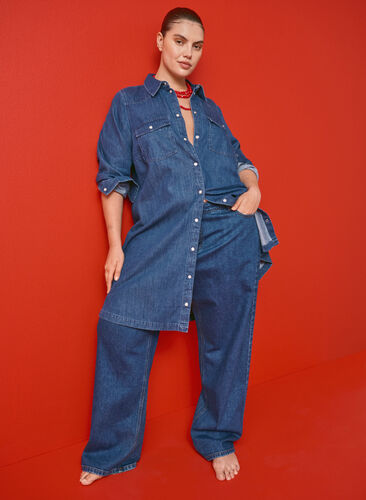 Zizzi Denim jurk met knopen, Medium Blue Denim, Image image number 0