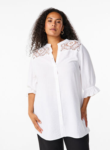 Zizzi Lang viscose shirt met kanten detail, Bright White, Model image number 0