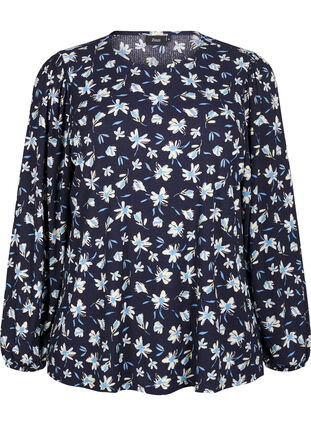 Zizzi Blouse met lange mouwen en bloemenprint, Night Sky AOP, Packshot image number 0