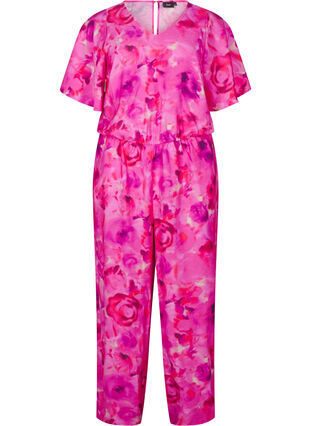 Zizzi Jumpsuit met bloemenpatroon en mouwen als vleermuisvleugels, Pink Rose AOP, Packshot image number 0