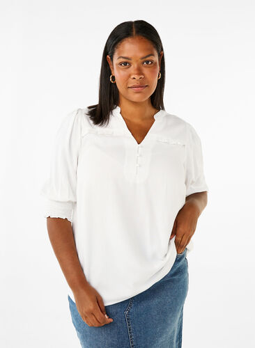Zizzi Viscose blouse met smok en ruches, Bright White, Model image number 0
