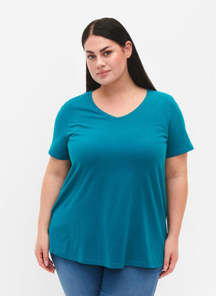 Zizzi Basic t-shirt in effen kleur met katoen, Deep Lake, Model image number 0