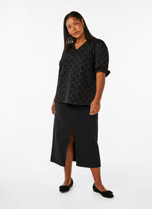 Zizzi Jacquard blouse met korte mouwen en strikjes, Black W. Bow, Model image number 2