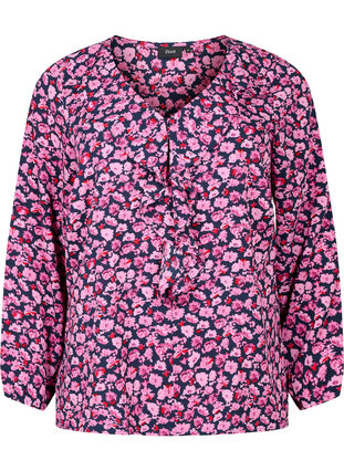 Zizzi Bedrukte blouse met ruches, Navy Purple AOP, Packshot image number 0