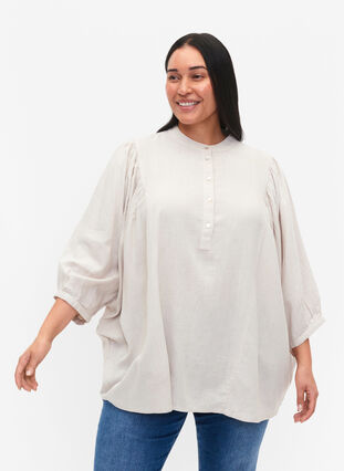 Zizzi Viscose-Linen Mix Shirt Blouse met 3/4 Mouwen, Moonbeam, Model image number 0