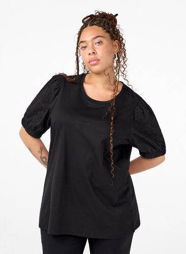 Zizzi Biologisch katoenen blouse met broderie anglaise mouwen, Black, Model image number 0