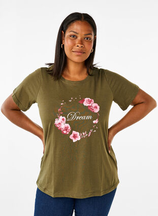 Zizzi FLASH - T-shirt met motief, Olive Night Flower, Model image number 0