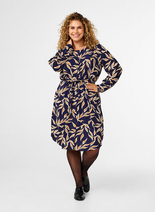 Zizzi Jurk met lange mouwen en trekkoord, Ev. Blue w. Leaf AOP, Model image number 2