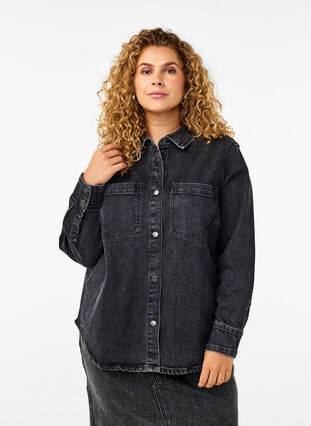 Zizzi Denim shirt met knopen en borstzakken, Dark Grey Denim, Model image number 0