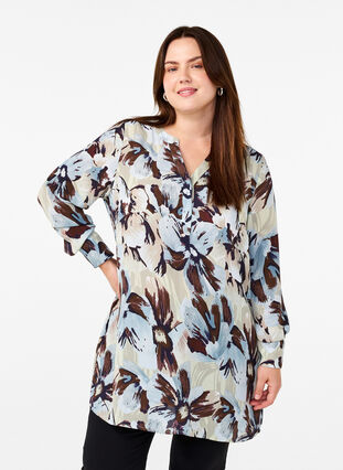 Zizzi Tuniek met lange mouwen en print, Grey Flower AOP, Model image number 0