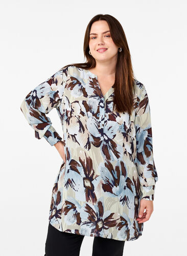 Zizzi Tuniek met lange mouwen en print, Grey Flower AOP, Model image number 0